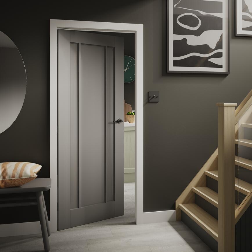 Worcester 6'6" x 2'6" White Primed 3 Panel Door" & Jigtech Newington Matt Black Quick Fit Lever on Rose Door Handle 