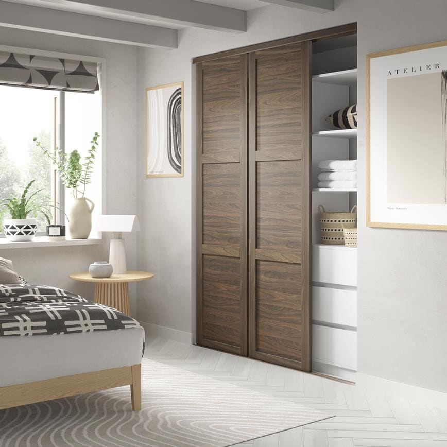 Shaker Walnut Panelled 610mm x 2225mm Sliding Wardrobe Door Open