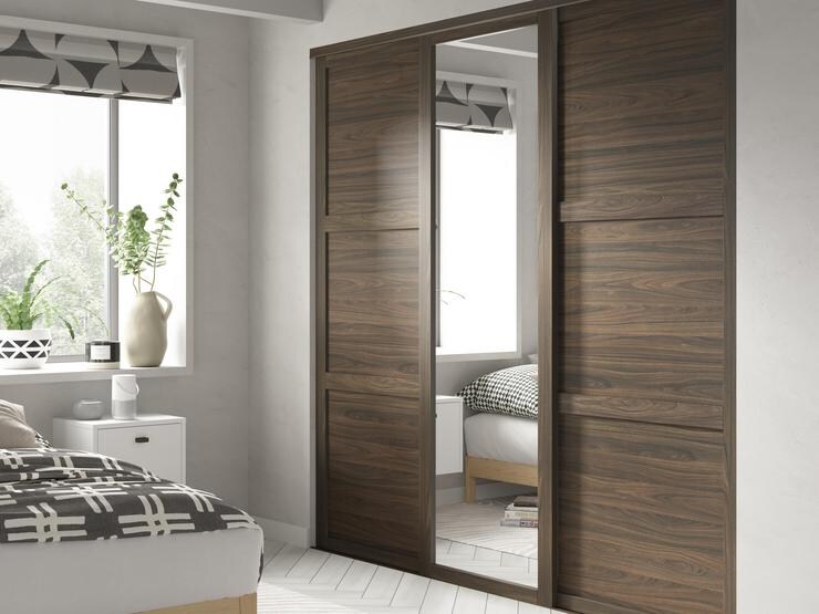 Walnut Frame Mirrored 762mm x 2225mm Sliding Wardrobe Door & Shaker Walnut Panelled 914mm x 2225mm Sliding Wardrobe Door