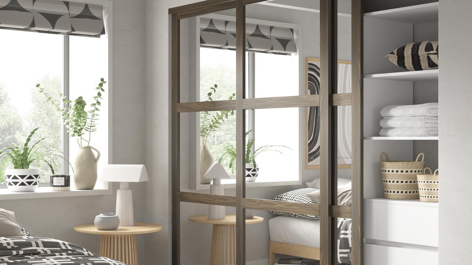 Shaker Walnut Frame Mirrored 914mm x 2225mm Sliding Wardrobe Door Open