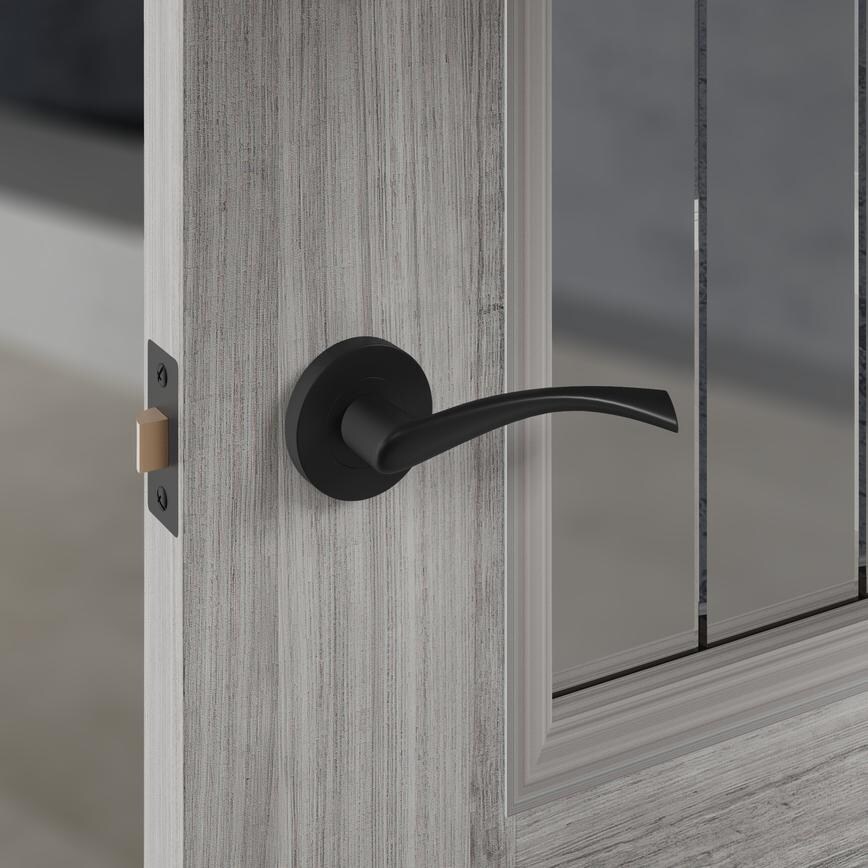 Holdenby Grey Laminate 2'3'' Glazed' Door and Garda Matt Black Handle Cameo