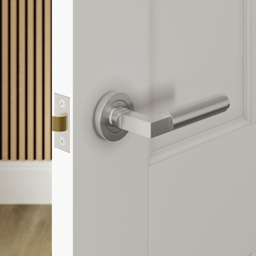 Runda Satin Nickel Lever on Rose Door Handle Pair