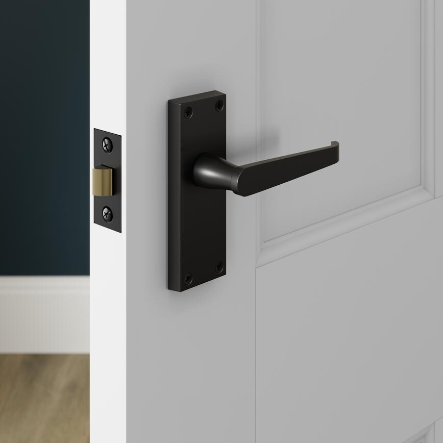 Victorian Matt Black Lever on Backplate Latch Door Handle Pair