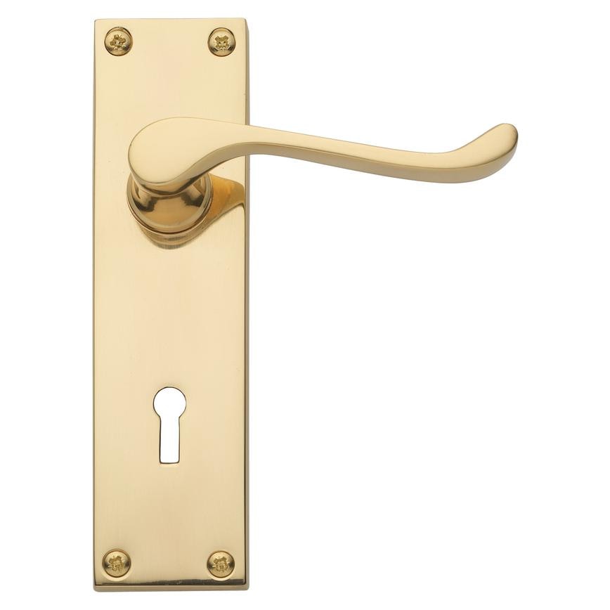 Victorian Scroll Lever on Backplate Lock Polished Brass Door Handle Pair