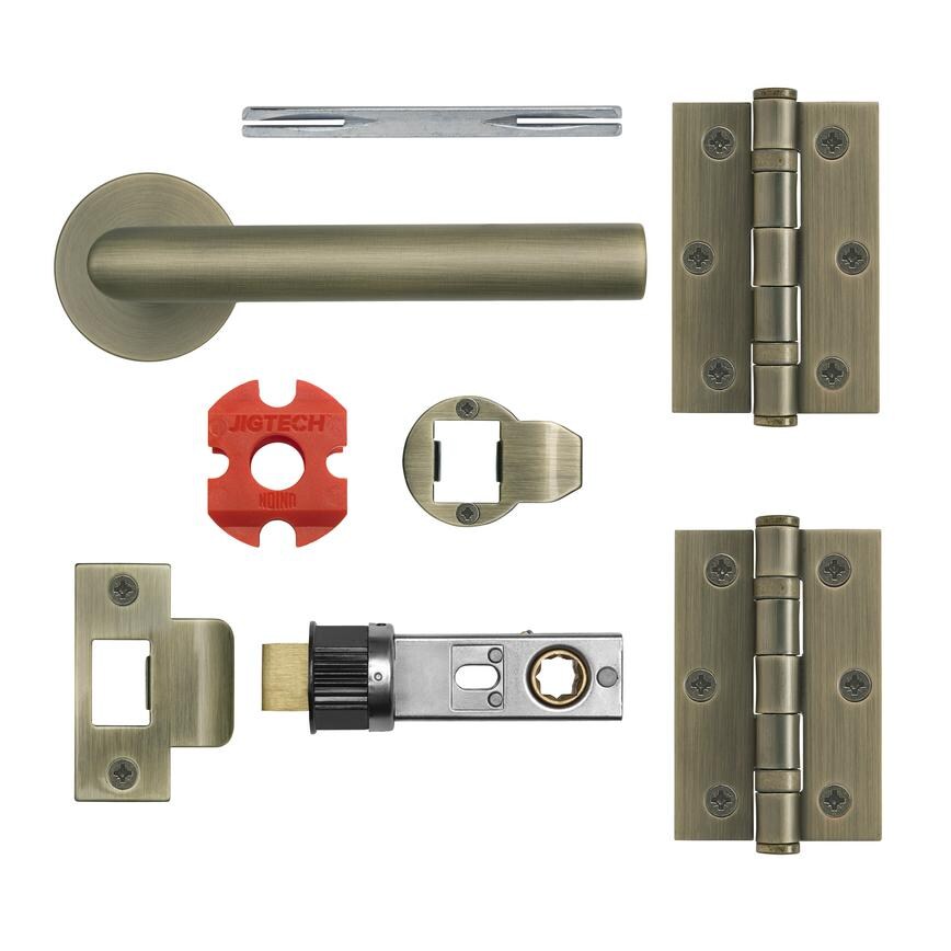 Jigtech Minim Antique Brass Quick Fit Lever on Slim Rose Door Handle Pack