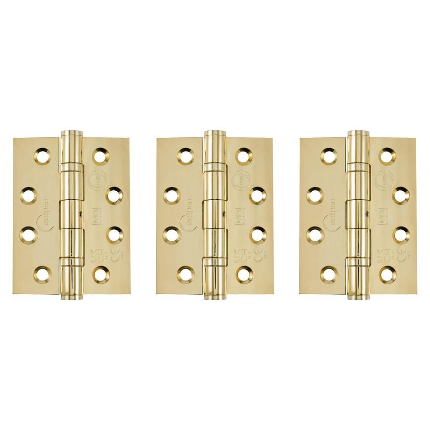 Eclipse Polished Brass 102mm x 76mm Heavy Duty Grade 13 Ball Bearing Fire Rated Butt Hinge Pack of 3