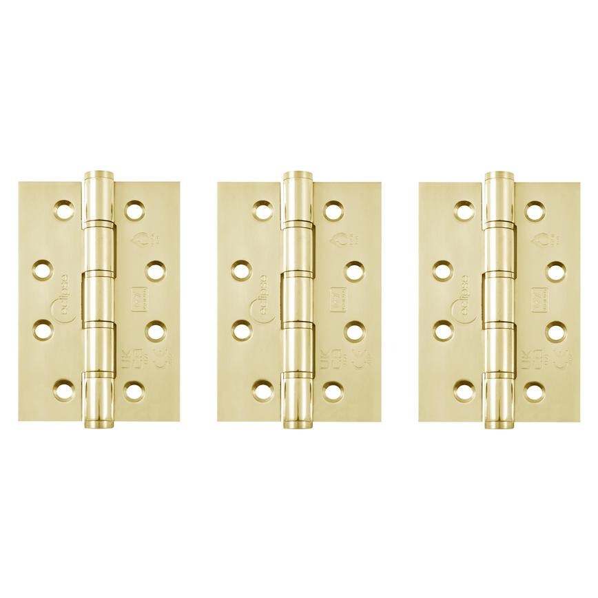 Eclipse Polished Brass 102mm x 76mm Light Duty Grade 7 Washered Fire Rated Butt Hinge Pack of 3