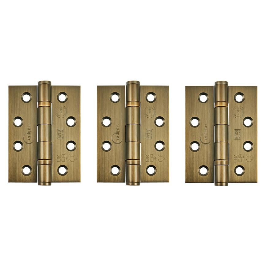 Eclipse Antique Brass 102mm x 76mm Heavy Duty Grade 13 Ball Bearing Fire Rated Butt Hinge Pack of 3