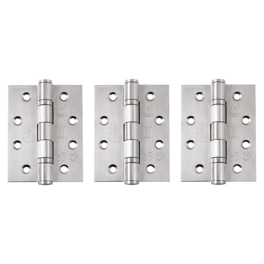 Eclipse Satin Stainless Steel 102mm x 76mm Heavy Duty Grade 11 Ball Bearing Fire Rated Butt Hinge Pack of 3