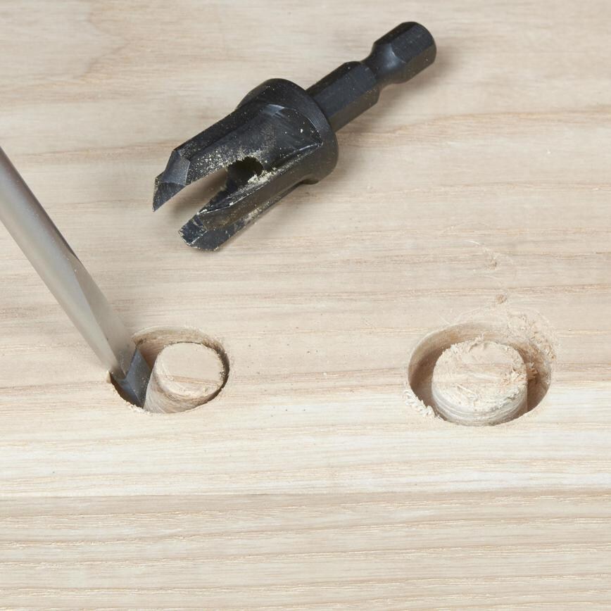 Trend Snappy Countersink and Plug Cutter Drill Bits 4 Piece Set Centre of Drilled Hole Being Removed