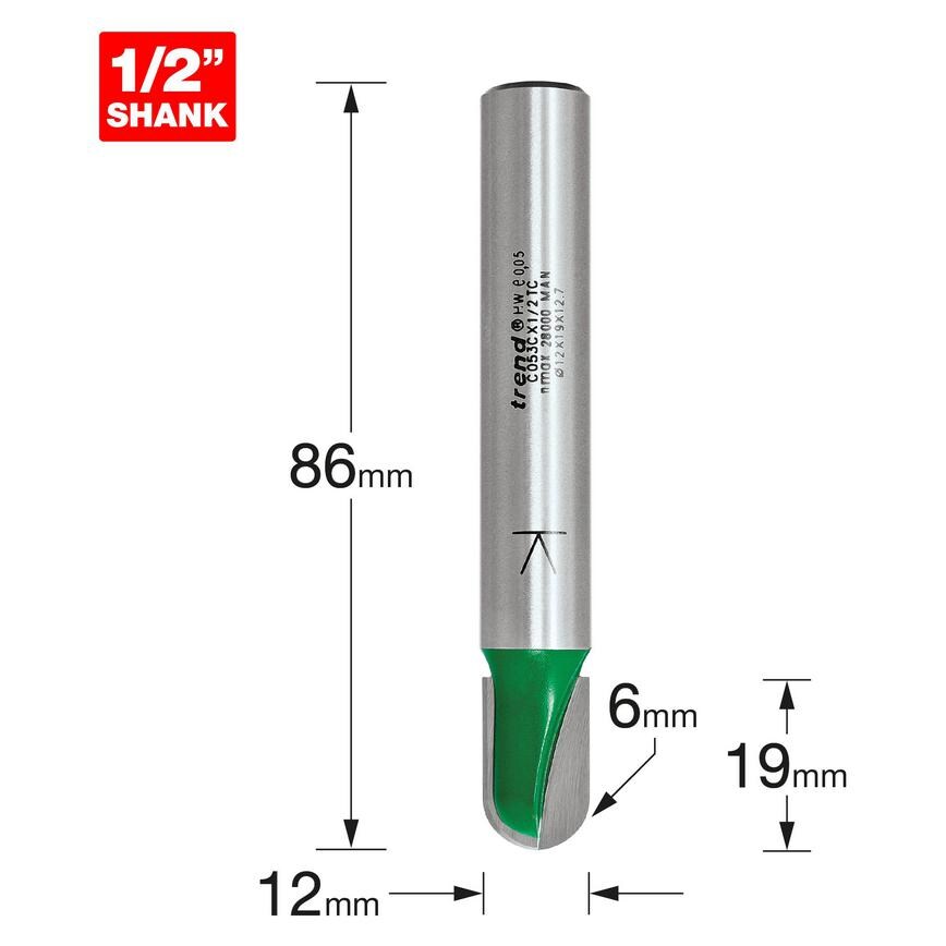 Trend Craft Pro 12mm x 19mm PTFE Coated Radius Draining Groove Router Cutter Dimensions
