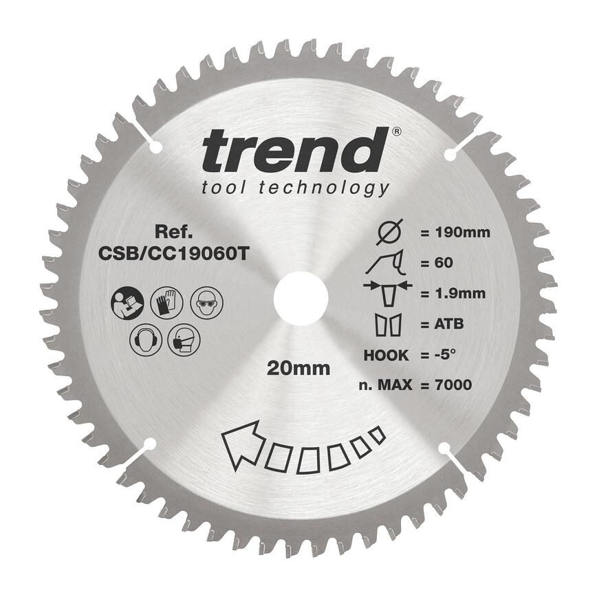 TLS0717 Trend 190mm x 20mm 60T Hardwood Cordless Mitre Saw Blade