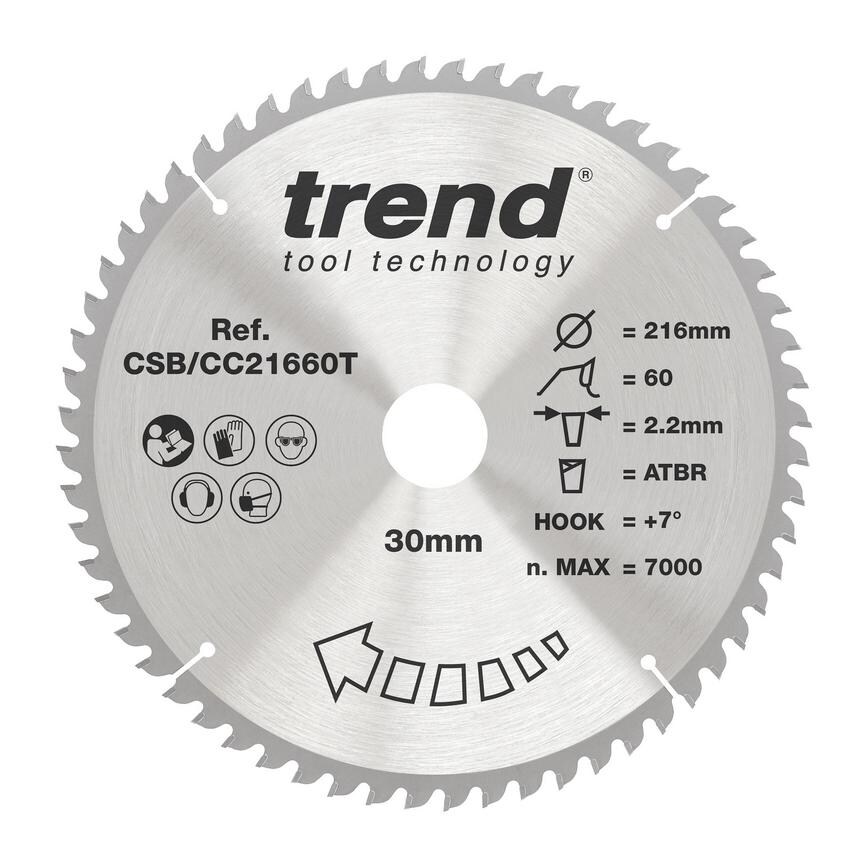 TLS0719 Trend 216mm x 30mm 60T Hardwood Cordless Mitre Saw Blade