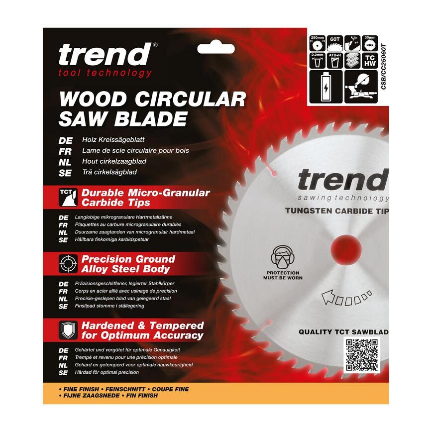 TLS0721 Trend 250mm x 30mm 60T Hardwood Cordless Mitre Saw Blade Packaging