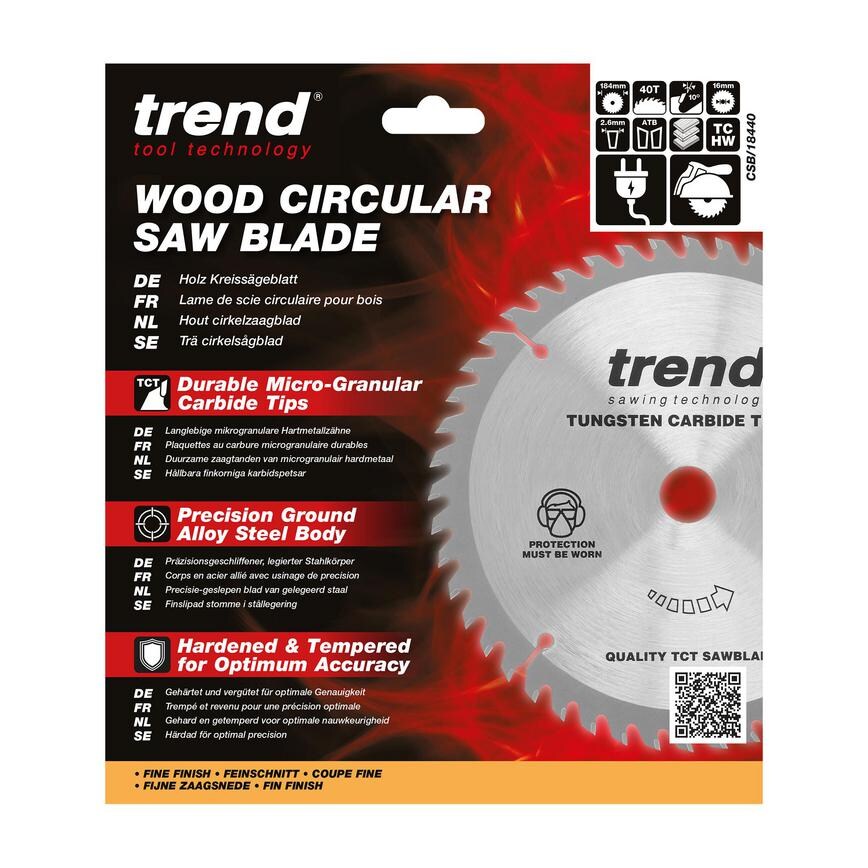 TLS0726 Trend 184mm x 16mm 40T Hardwood Circular Saw Blade  Packaging