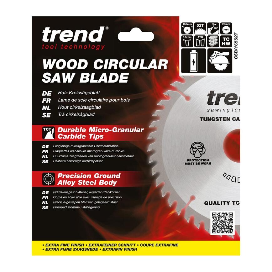 TLS0728 Trend 165mm x 20mm 52T Hardwood Cordless Circular Saw Blade Packaging
