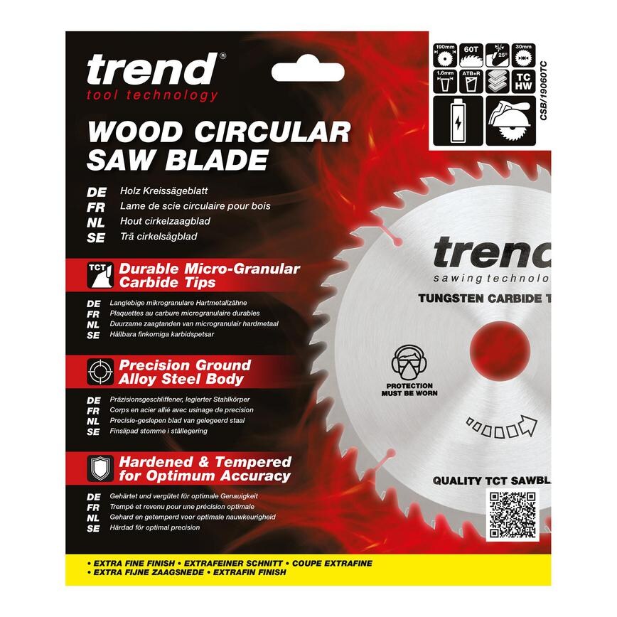 TLS0730 Trend 190mm x 30mm 60T Hardwood Cordless Circular Saw Blade Packaging
