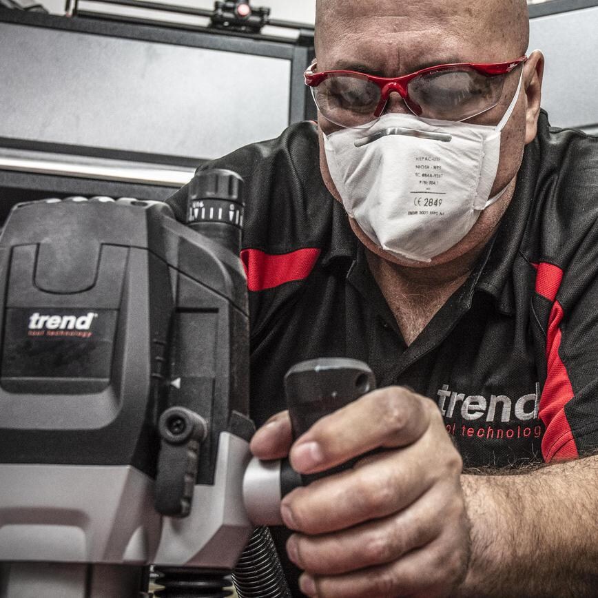 Trend FFP2 Respirator in use with Router Close Up