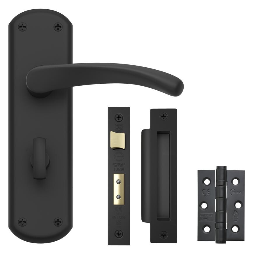 Fuller and Forge Munch Matt Black Lever on Slim Backplate Lock Door Handle Pack