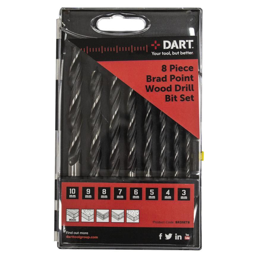 DART 8 Piece Brad Point Wood Drill Bit Set 