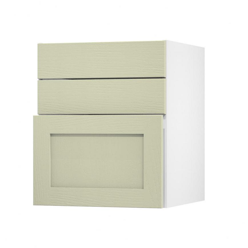 Chilcomb Sage Green 600 Hob / Pan Drawer Door Open