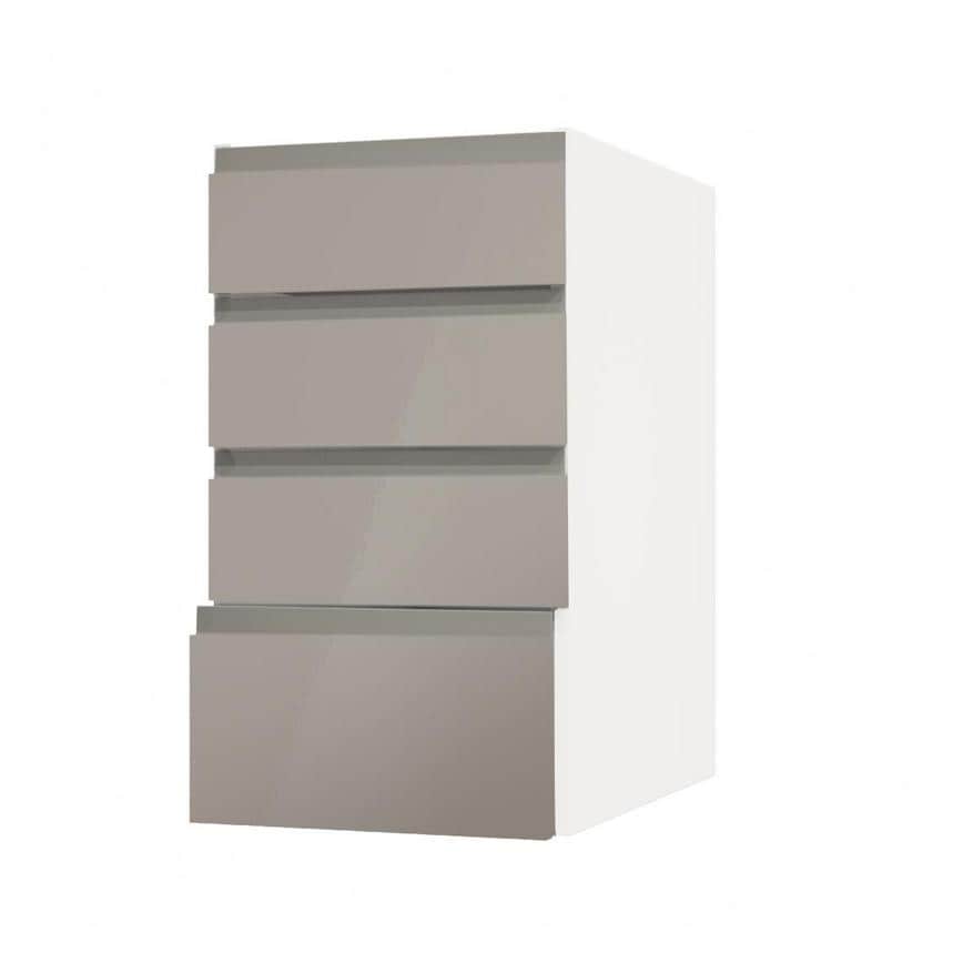Clerkenwell Gloss Sand Grey 400mm x 227mm Drawer Front Shown with the Drawer Open at an Angle as Part of a Full Drawer Unit