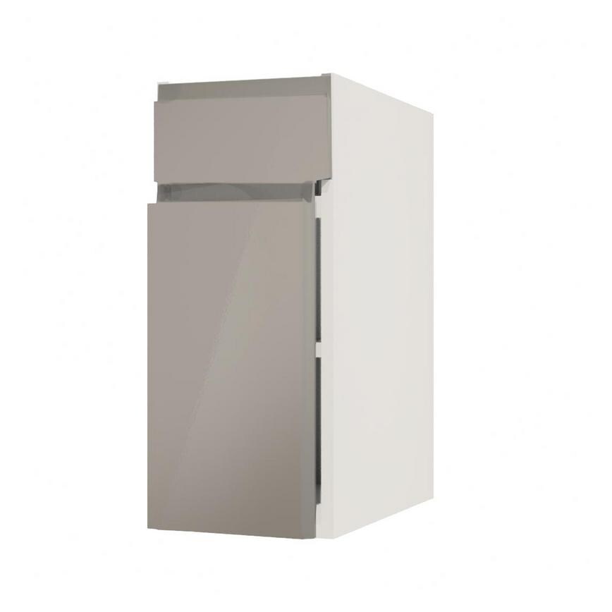 Clerkenwell Gloss Sand Grey 300mm x 557mm Door Front Shown Open at an Angle as Part of a Door and Drawer Unit