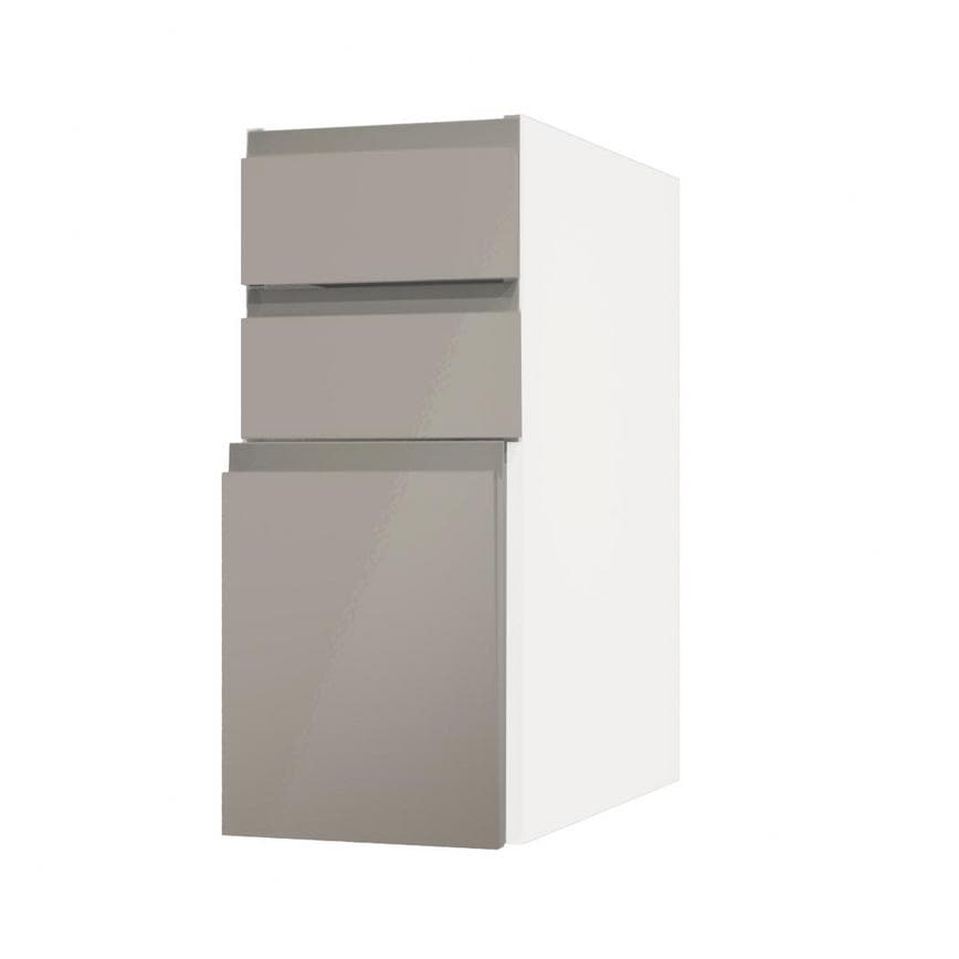 Clerkenwell Gloss Sand Grey 300mm x 394mm Pan Drawer Front Shown with the Drawer Open at an Angle as Part of a Full Drawer Unit