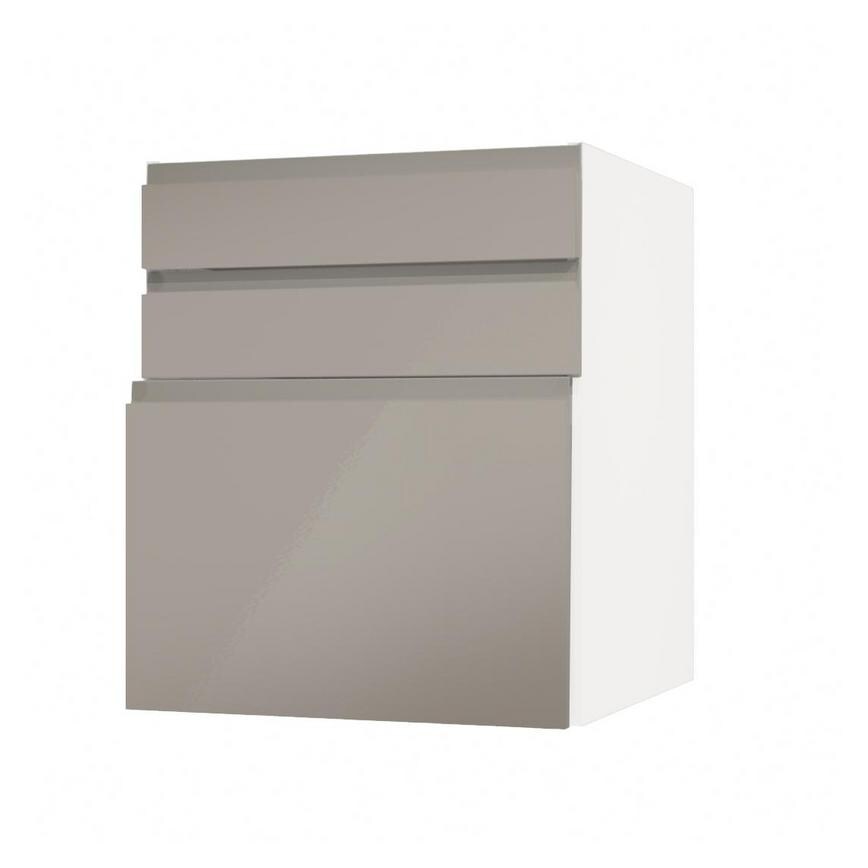 Clerkenwell Gloss Sand Grey 600mm x 394mm Pan Drawer Shown with the Drawer Open at an Angle as Part of a Drawer Unit