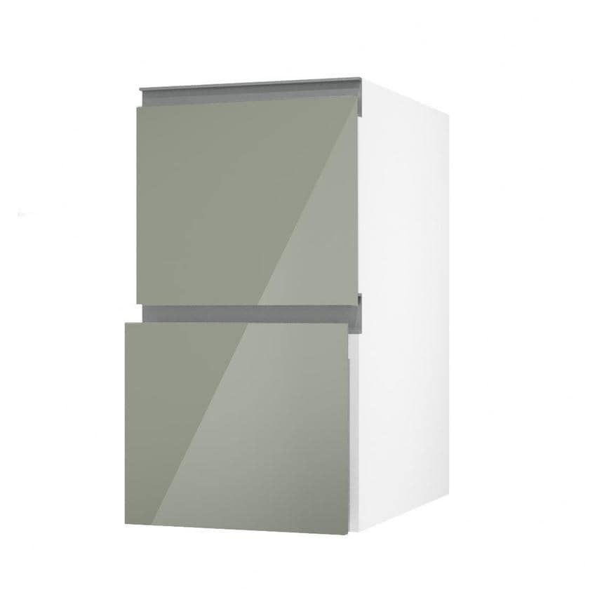 Hockley Mirror Gloss Reed Green 400mm x 342mm Pan Drawer Front Shown with the Drawer Angled Open as Part of a Full Drawer Unit