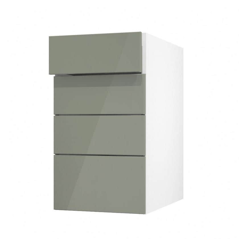 Hockley Mirror Gloss Reed Green 400mm x 160mm Drawer Front Shown with the Top Drawer Angled Open as Part of a Full Drawer Unit