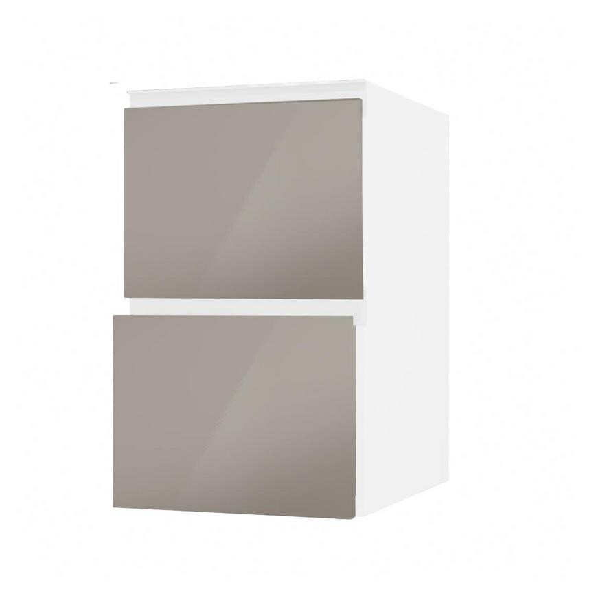 Hockley Mirror Gloss Sand Grey 450mm x 342mm Pan Drawer Front Shown with the Drawer Open at an Angle as Part of a Full Drawer Unit