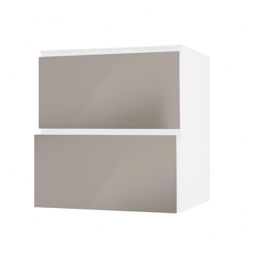 Hockley Mirror Gloss Sand Grey 700mm x 342mm Pan Drawer Front Shown with the Drawer Open at an Angle as Part of a Full Drawer Unit