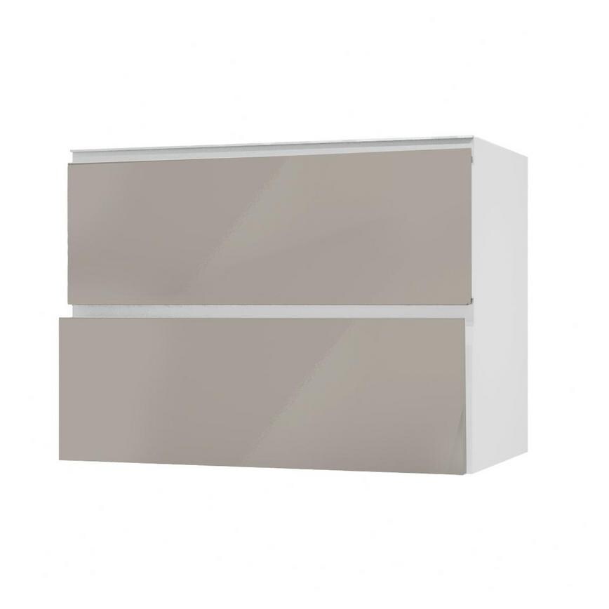 Hockley Mirror Gloss Sand Grey 1000mm x 342mm Pan Drawer Front Shown with the Drawer Angled Open as Part of a Full Drawer Unit