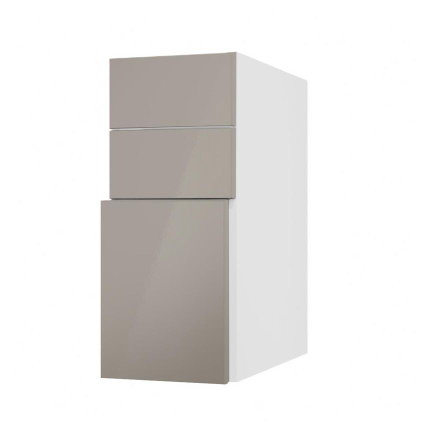 Hockley Mirror Gloss Sand Grey 300mm x 394mm Pan Drawer Front Shown with the Drawer Open at an Angle as Part of a Full Drawer Unit