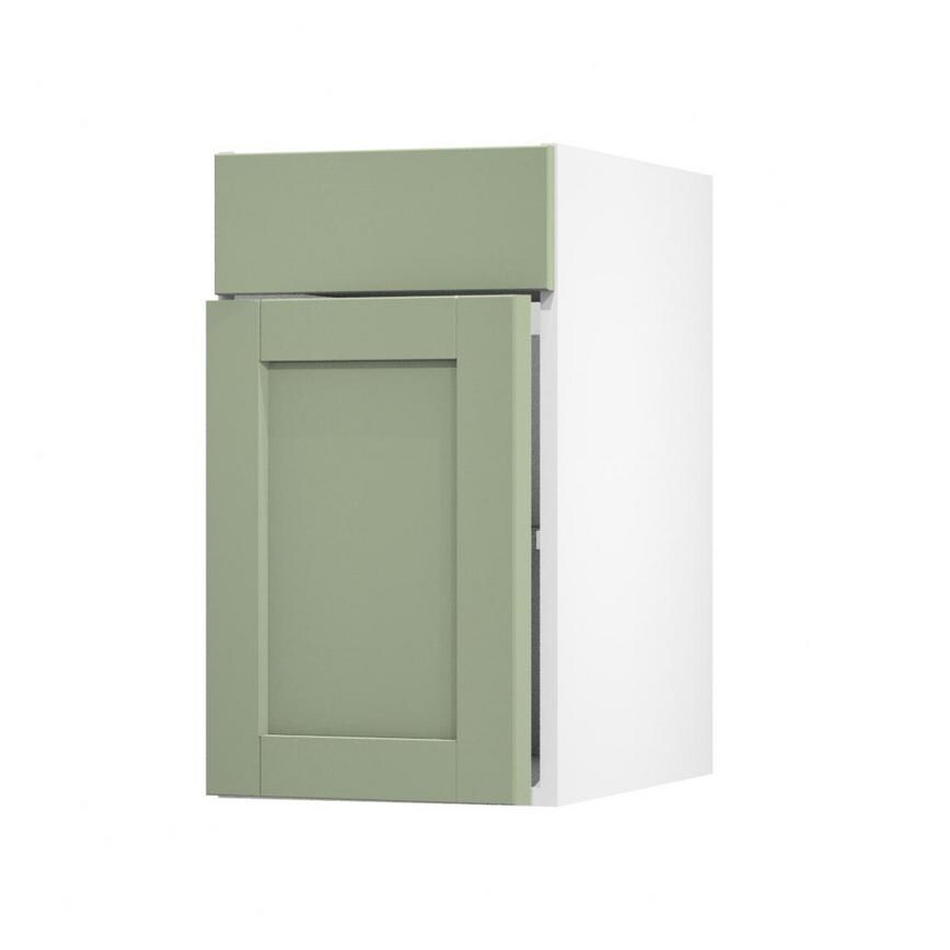 Witney Reed Green 400mm x 557mm Door Front Shown Open at an Angle as Part of a Door and Drawer Unit