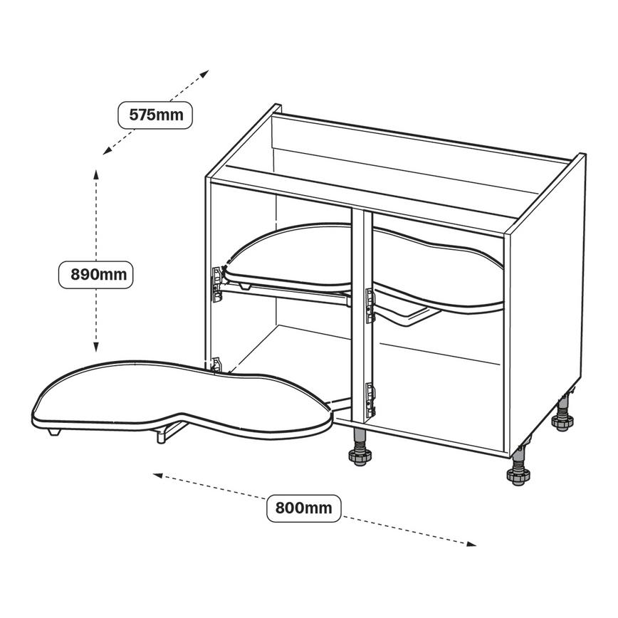 800mm Hi-Line Corner Unit Pre Fitted Standard Full Extension LH Line Drawing