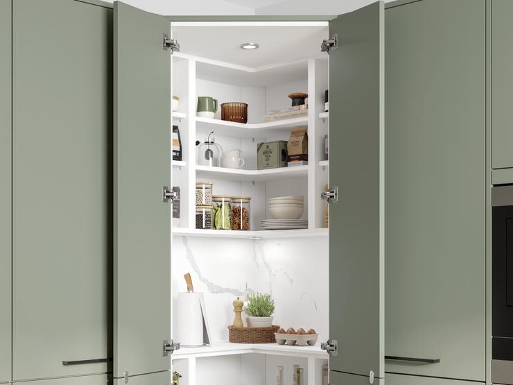 White 2061mm x 80mm Corner Walk In Larder Rail Pack of 6 And Walk In Corner Larder Top Panel Door Open Stocked