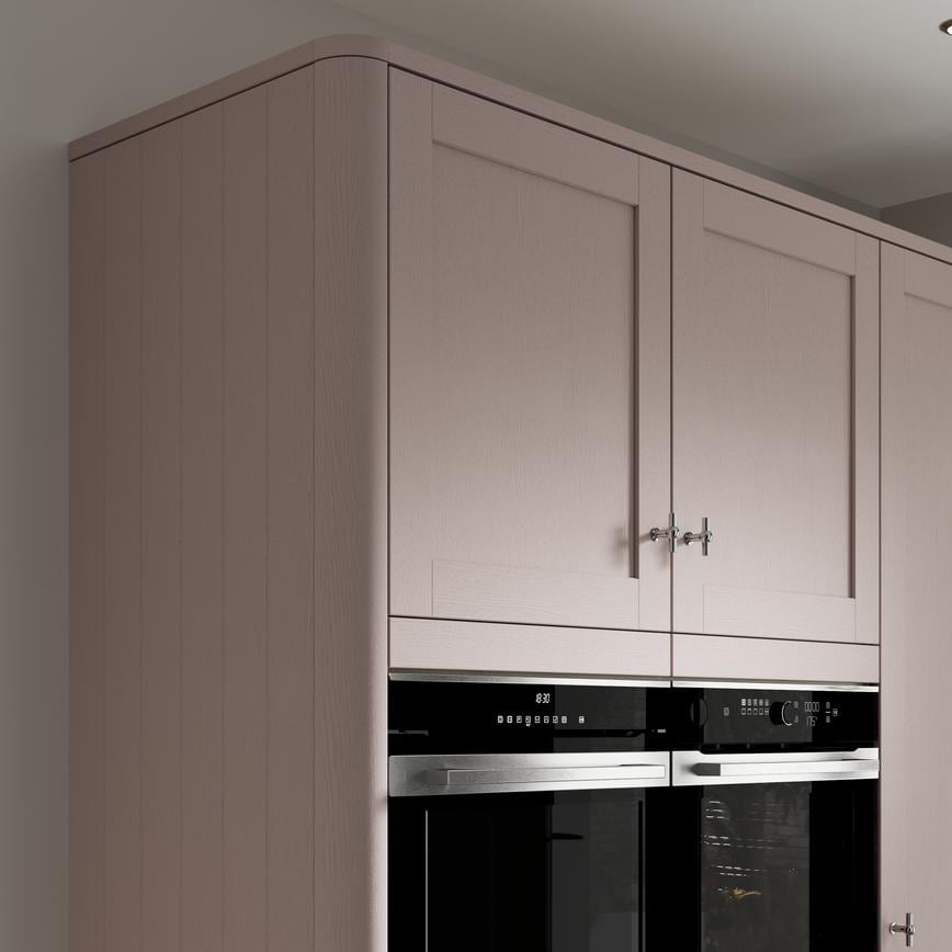 Grained Antique Rose Tongue and Groove Tower Decor End Shown with a Tower Cabinet Showing an Oven