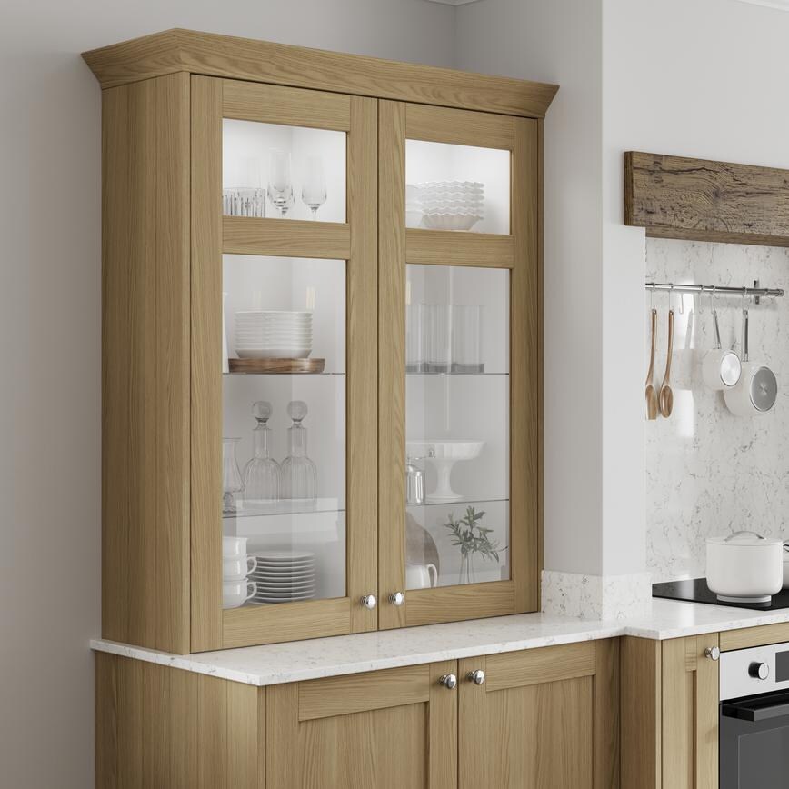 Grained Oak Tongue and Groove 1182mm Tall Wall Decor End Shown in Glass Dresser Cabinet