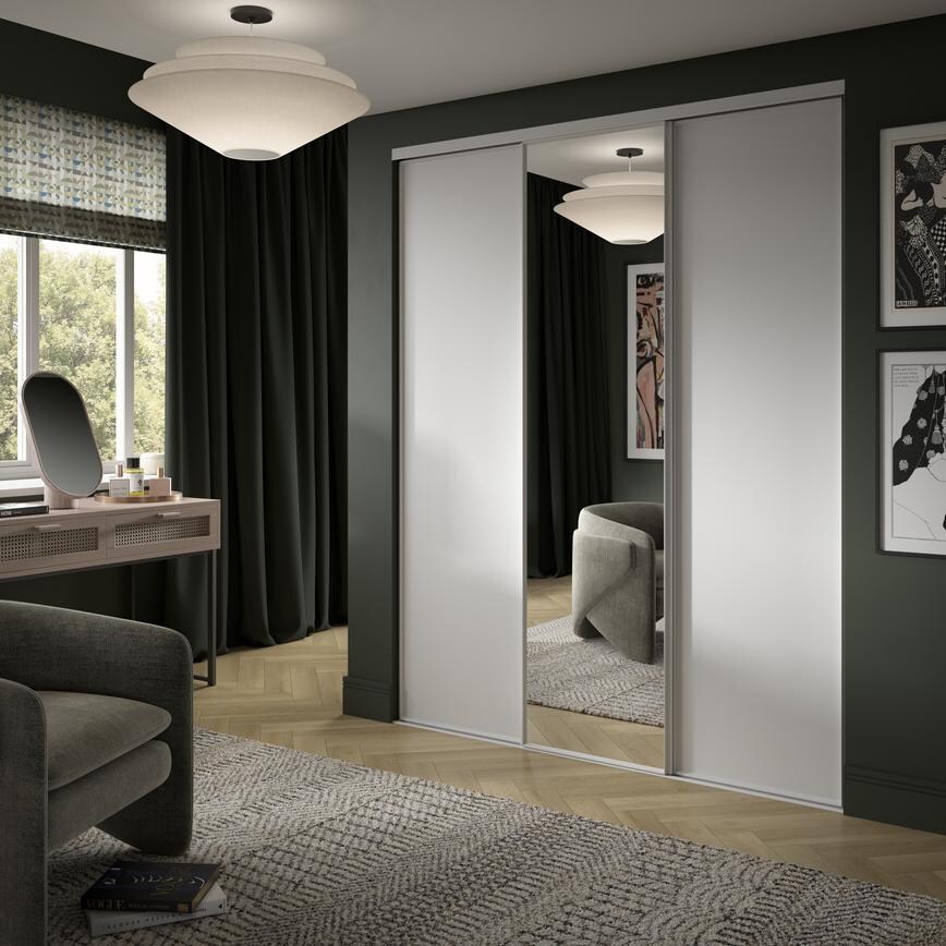 914mm White Panel Sliding Wardrobe Door paired with Mirrored Sliding Door Bedroom Set