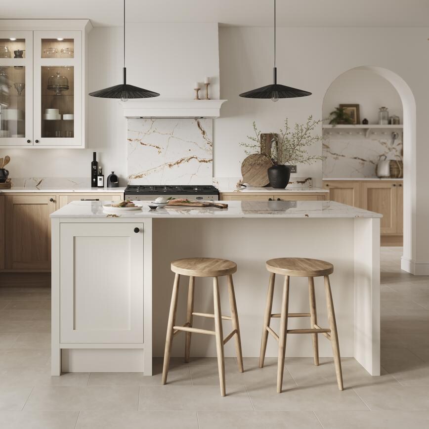 An oak shaker kitchen with in-frame doors with white cabinet island. It is finished with a white worktop and black handles. 