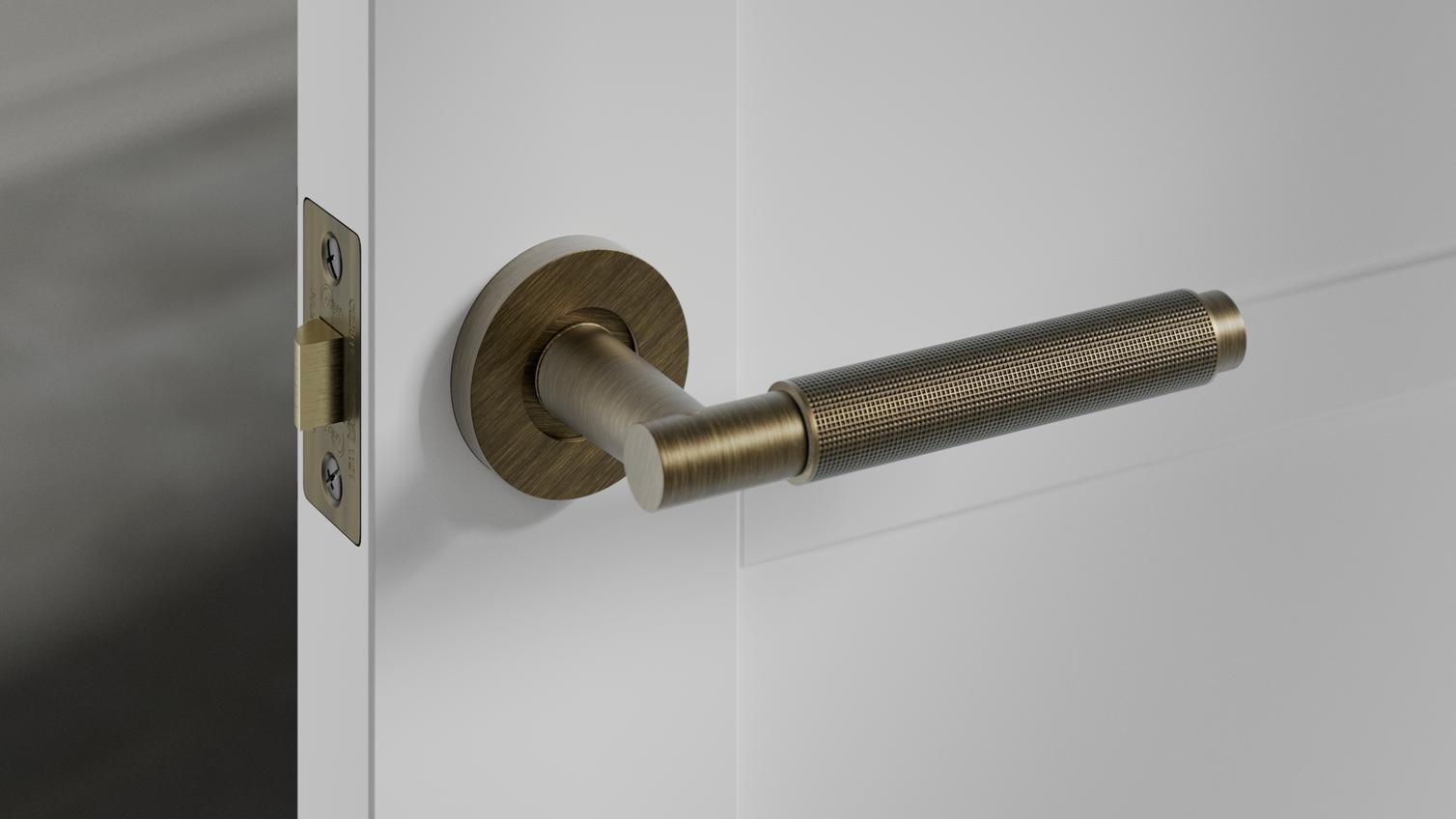 Iseo Knurled Antique Brass Lever on Rose Door Handle And Eclipse Antique Brass Case Backset Tubular Mortice Latch 