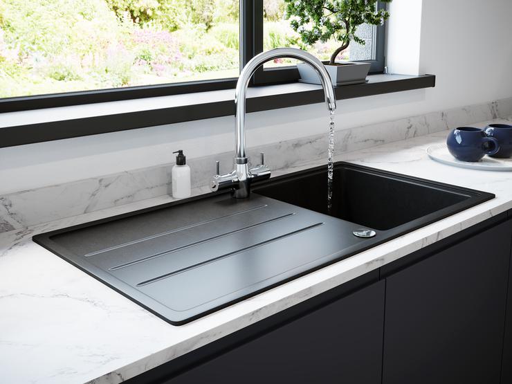 Lamona Light Grey Standard Composite Single Bowl Sink and Lamona Chrome Rienza Swan Neck Monobloc Filter Tap