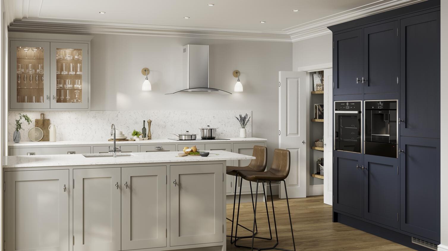 Chilcomb Pebble Navy Inframe Kitchen Main Set Shot