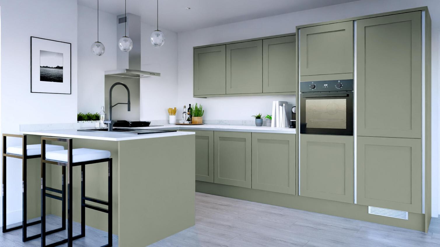 Chilcomb Reed Green Handleless Peninsula Kitchen