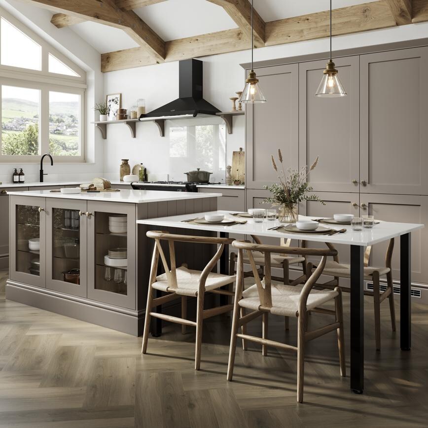A mushroom brown, L-shaped shaker kitchen with an island. There are white worktops and three glass cabinets in the island.