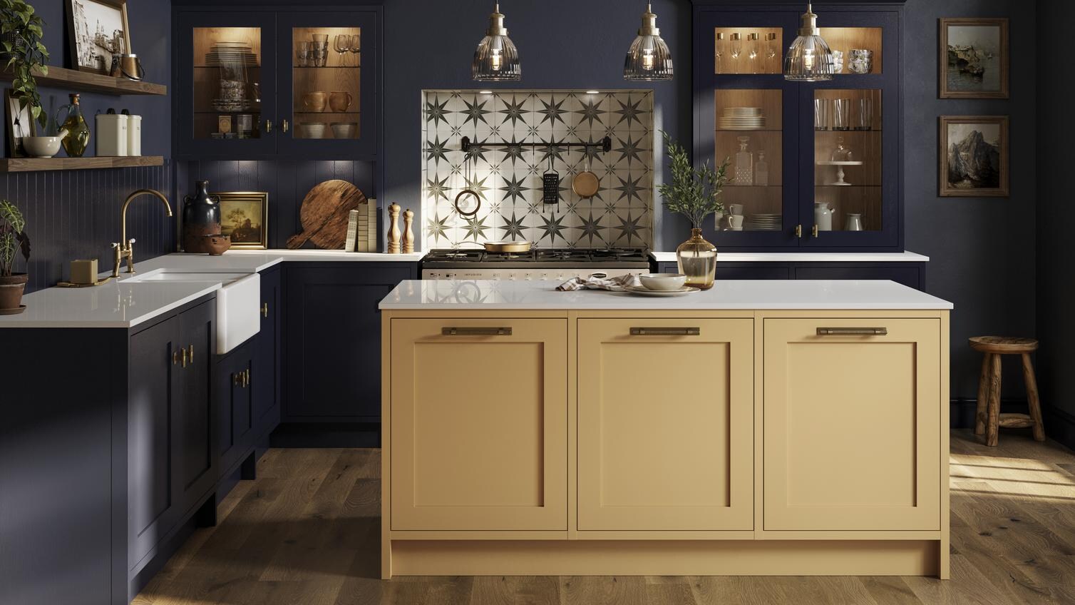 Chilcomb In Frame Saffron and Navy Kitchen Set Shot