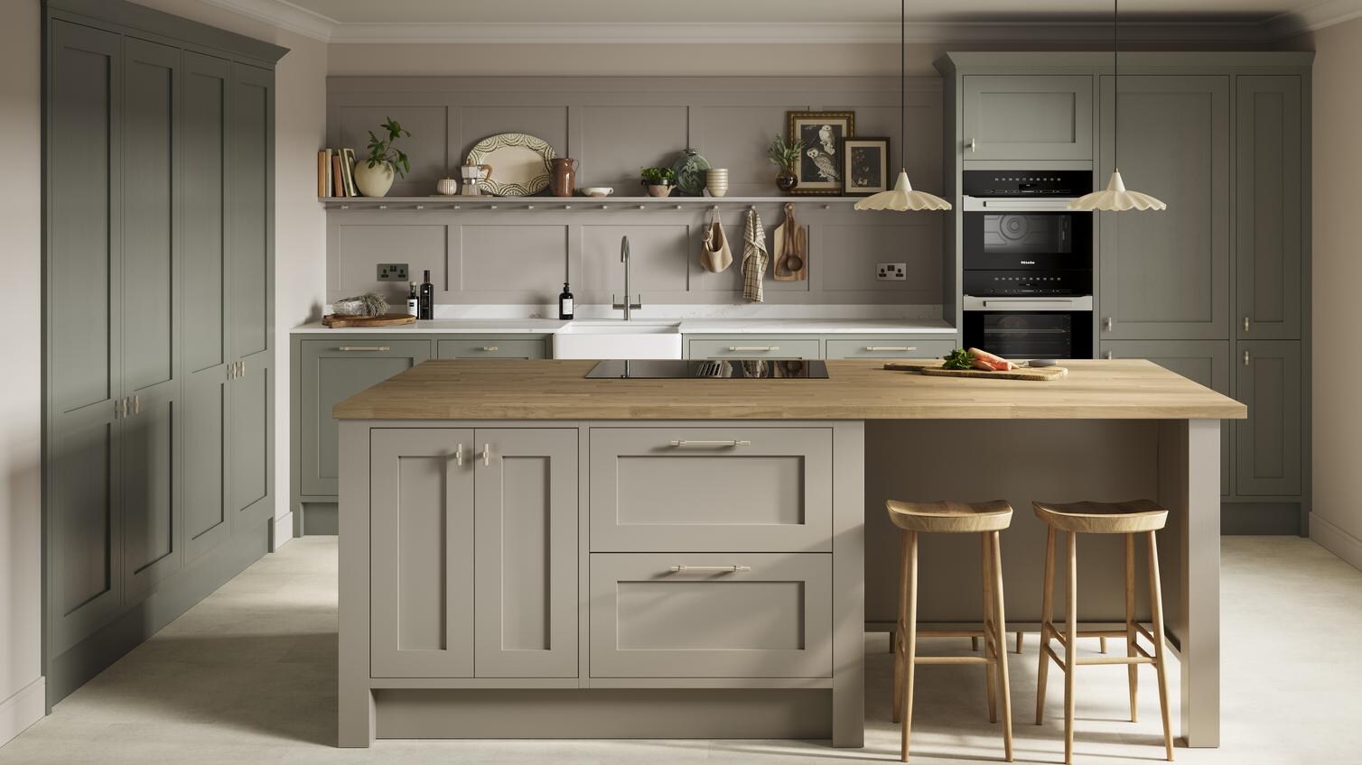 A green kitchen with shaker doors in an island layout. Has oak worktops, open shelving, and stone floors for an earthy design