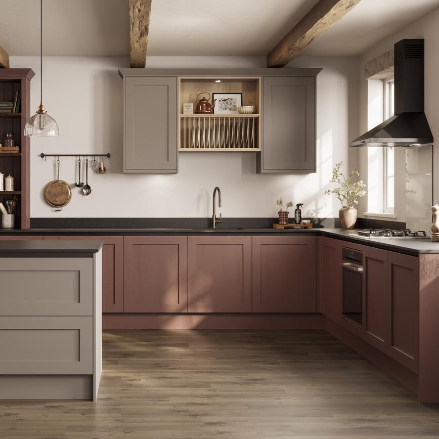 Red shaker doors with black profiles for a modern shaker kitchen idea. Styled with  open shelving and a white, butler sink.